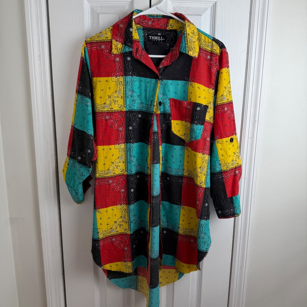 THRILL JEANS Patchwork Bandana Print Shirt Women's Size L Long Sleeve Button Up‎